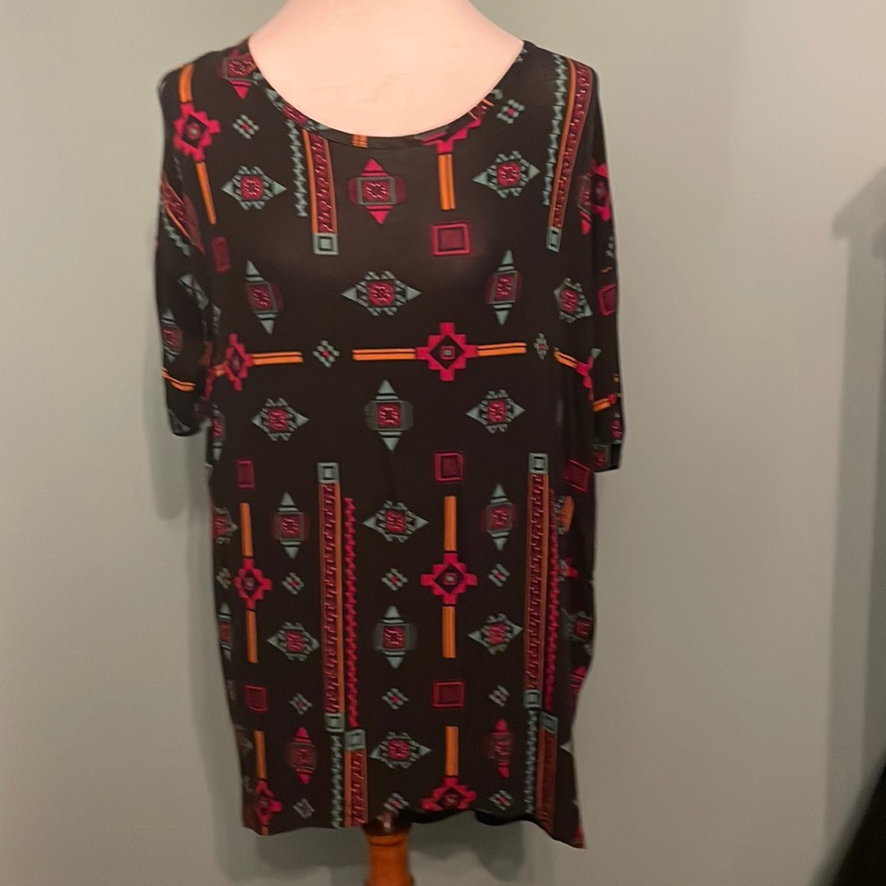 LuLaRoe Irma black with teal, pink and mustard Aztec print. Size XXS
